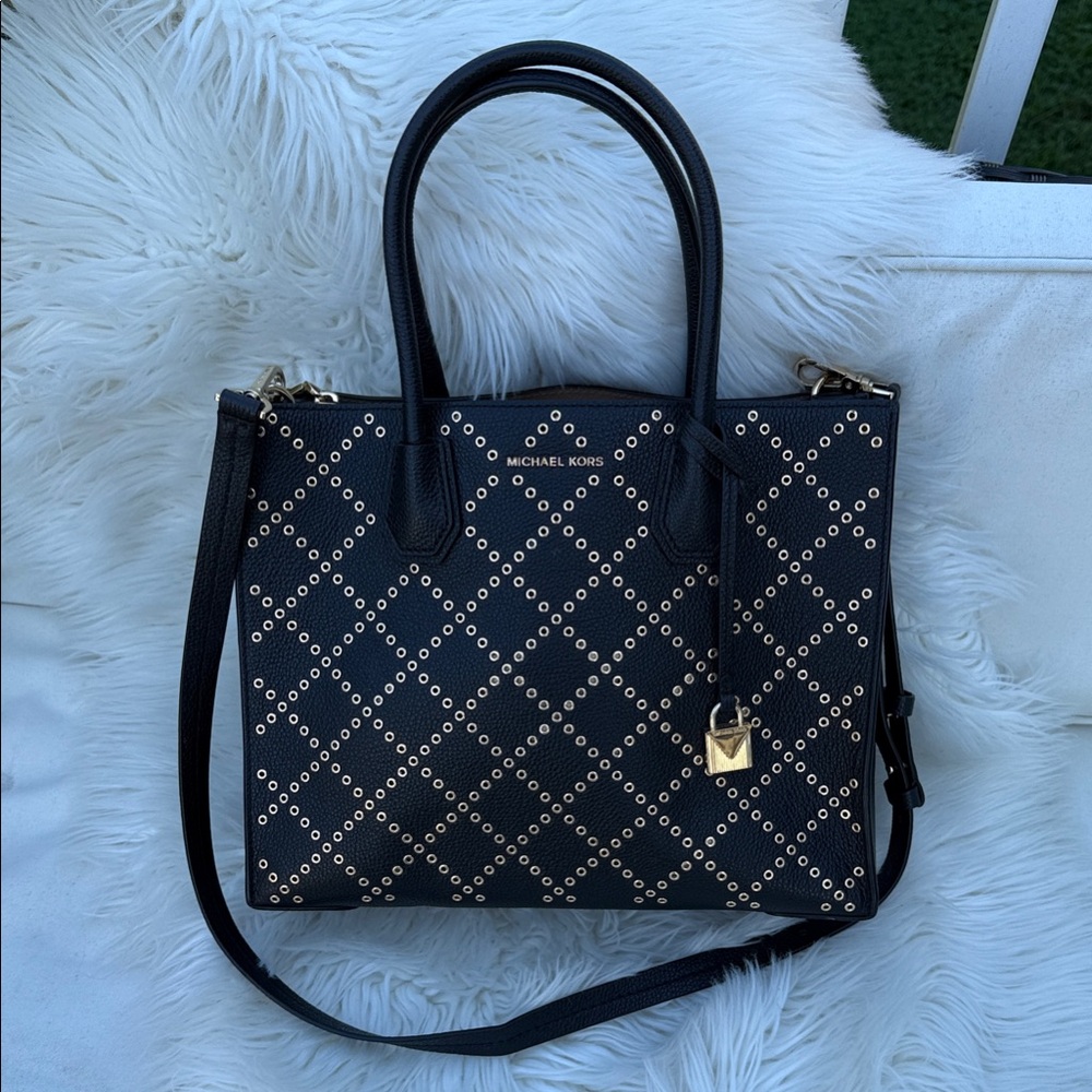 Michael Kors Studio Mercer Studded Black Coated Twill / Leather Tote